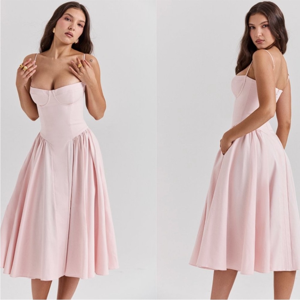 House of CB ‘Samaria’ Ballerina Pink Salt Twill Corset Midi Dress